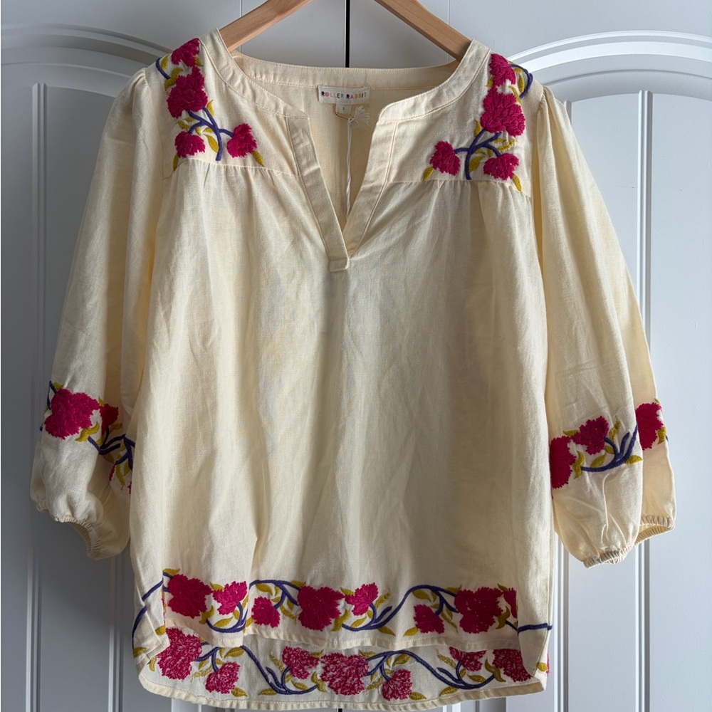 Roller Rabbit NWT Column Embroidery Michi Cream V Neck Top‎ Women's Size S - Picture 3 of 14